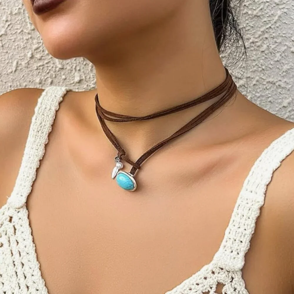 Boho Vintage Turquoise Pendant Choker, Bohemian, Vacation, Leather Cord